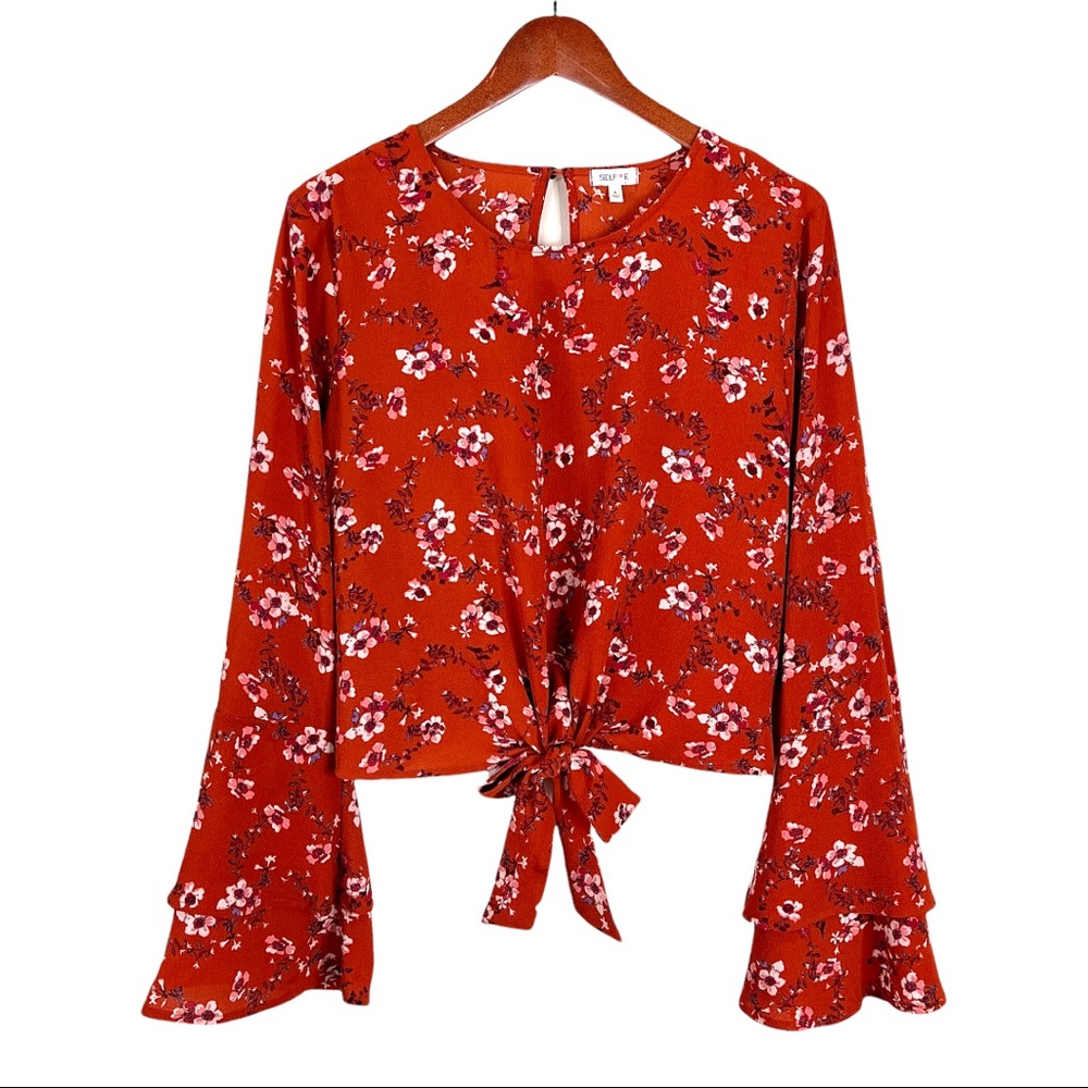 NWOT Floral Tie Front Rust Top Ruffle Bell Sleeve Boho Orange White Fall Blouse